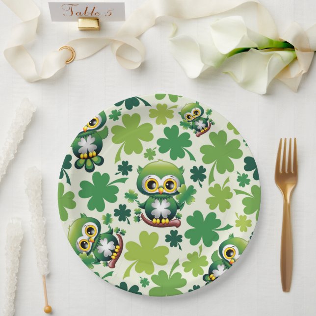 Baby Owl Cute St Patrick Cartoon Paper Plate (Wedding)