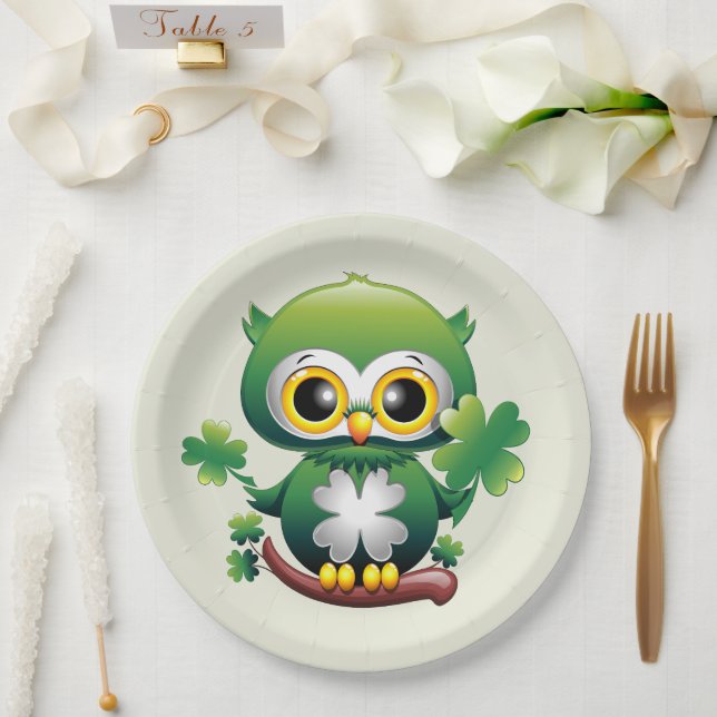 Baby Owl Cute St Patrick Cartoon Paper Plate (Wedding)