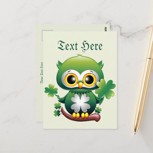 Baby Owl Cute St Patrick Cartoon Postcard (Front/Back In Situ)