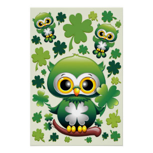 Baby Owl Cute St Patrick Cartoon Poster