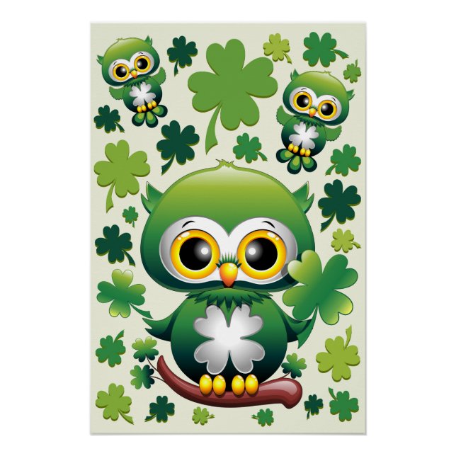 Baby Owl Cute St Patrick Cartoon Poster (Front)