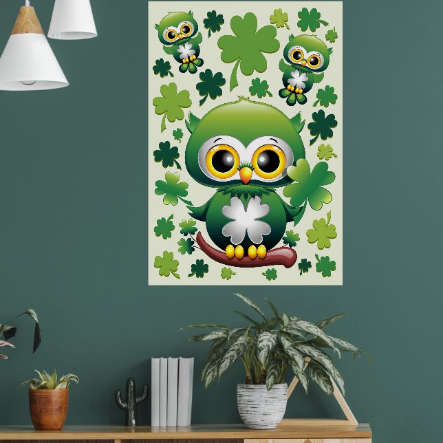 Baby Owl Cute St Patrick Cartoon Poster (Living Room 1)