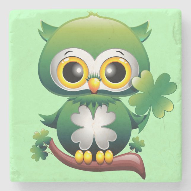 Baby Owl Cute St Patrick Cartoon Stone Coaster (Front)