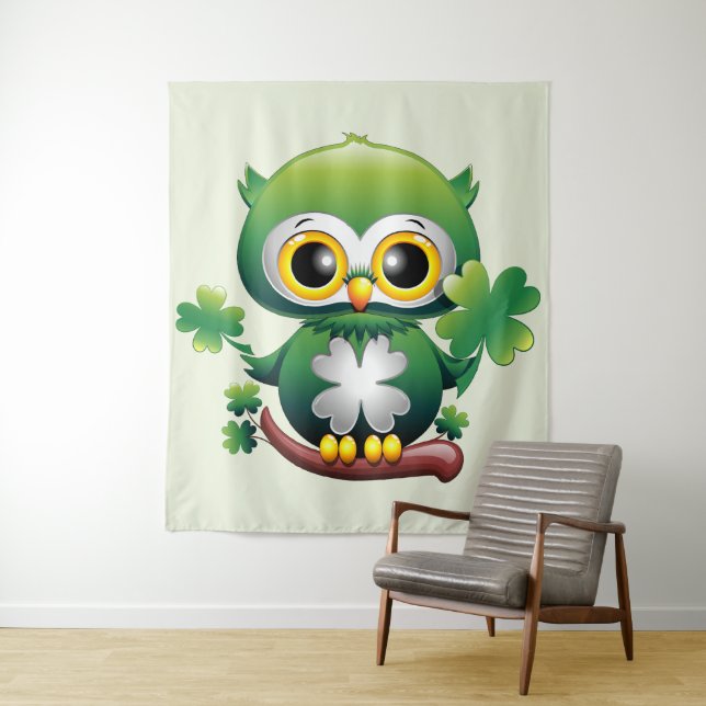 Baby Owl Cute St Patrick Cartoon Tapestry (In Situ)