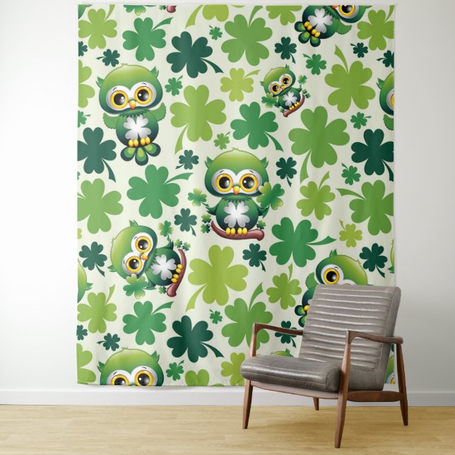 Baby Owl Cute St Patrick Cartoon Tapestry (In Situ)