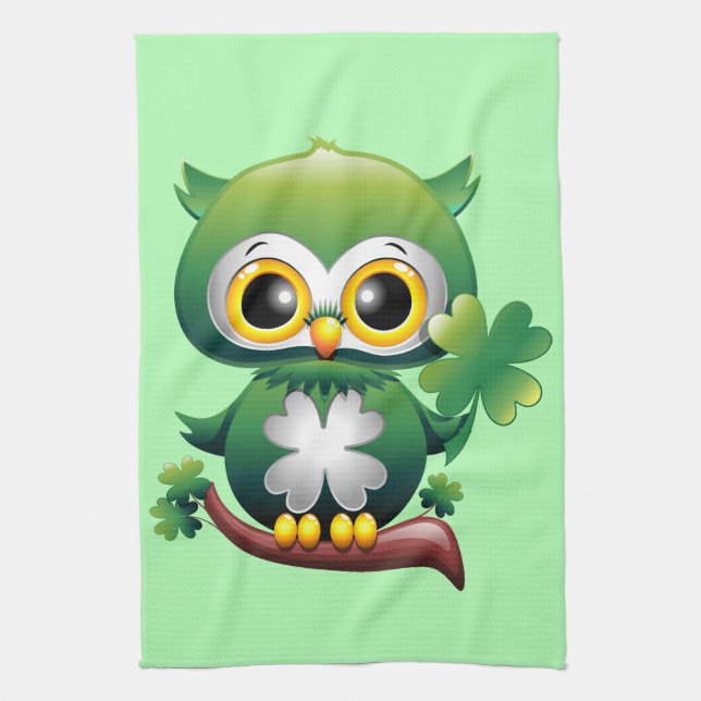 Baby Owl Cute St Patrick Cartoon Tea Towel (Vertical)