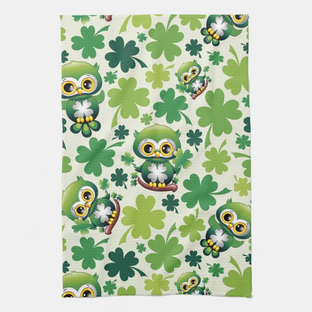 Baby Owl Cute St Patrick Cartoon Tea Towel (Vertical)