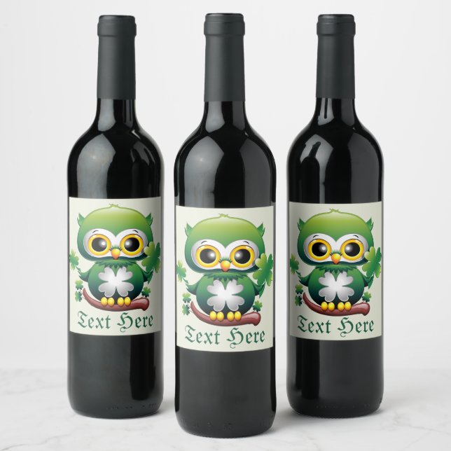 Baby Owl Cute St Patrick Cartoon Wine Label (Bottles)