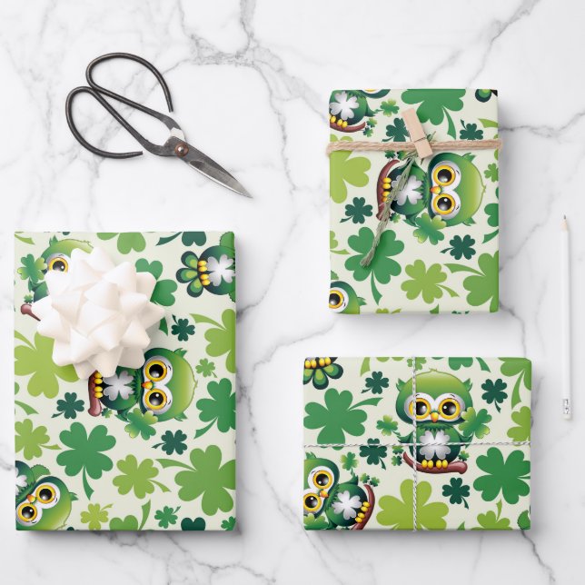 Baby Owl Cute St Patrick Cartoon Wrapping Paper Sheet (Front)