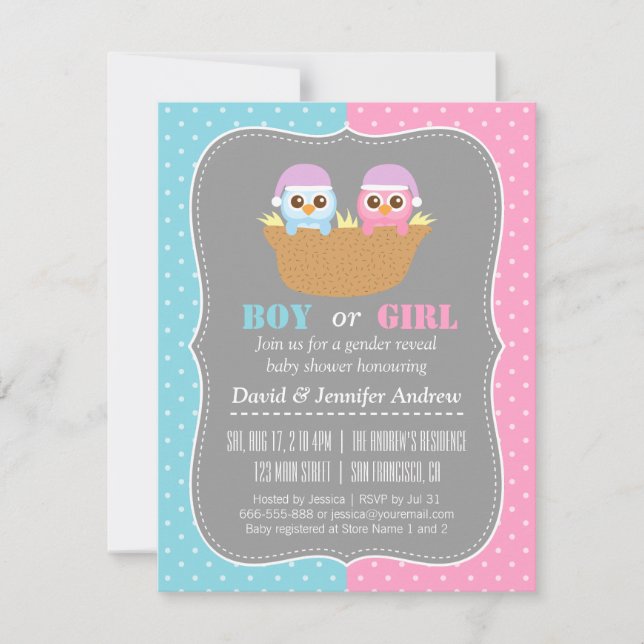 Baby Owl Gender Reveal Party Polka Dots Invitation (Front)