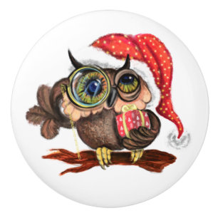Baby Owl In Christmas Hat and Gift Ceramic Knob