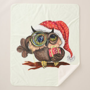 Baby Owl In Christmas Hat and Gift Sherpa Blanket