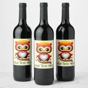 Baby Owl Love Heart Cartoon Wine Label