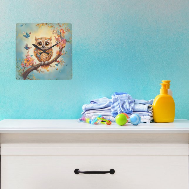 Baby Owl Nursery Square Wall Clock (Creator Uploaded)