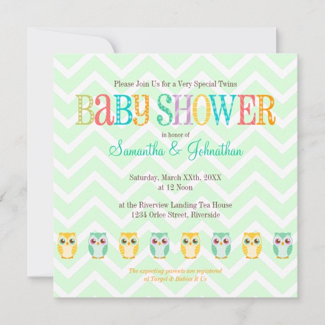 Baby Owl Twins - Gender Reveal / Unknown Shower Invitation (Front)