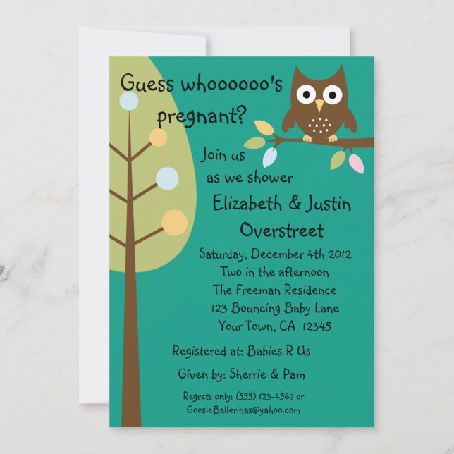 Baby Owl Whoooos Pregnant Green Shower Party Custo Invitation (Front)