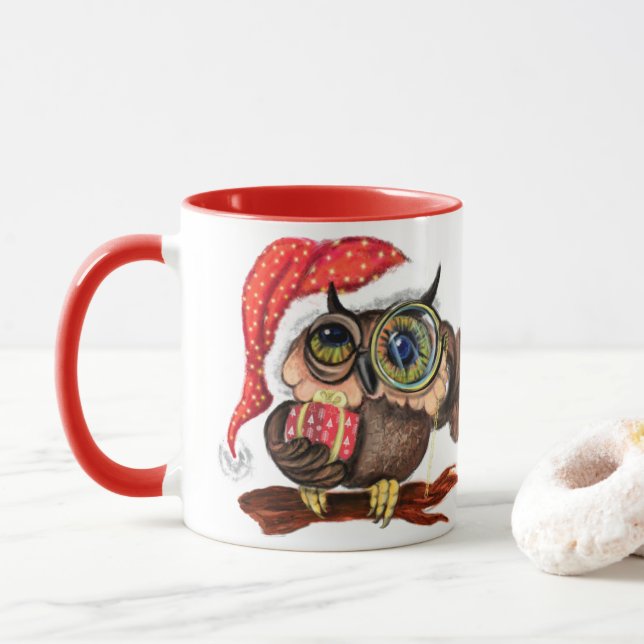Baby Owls In Christmas Hat with Gift Mug (With Donut)