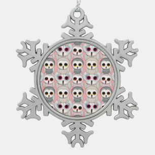 Baby Owls On Pale Pink Background Pattern Snowflake Pewter Christmas Ornament