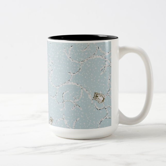 Baby Owls on Winter Snowy Limbs Two-Tone Coffee Mug (Right)