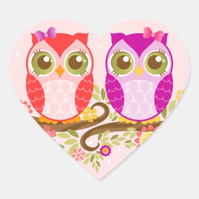 Baby Owls - Pink and Purple Girls - Heart Stickers (Front)