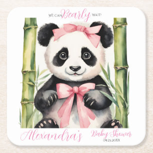 Baby Panda Bear Girls Baby Shower Square Paper Coaster