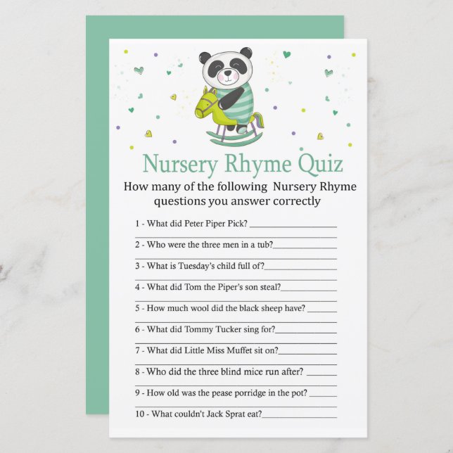 Baby Panda Nursery Rhyme Quiz baby shower game (Front/Back)