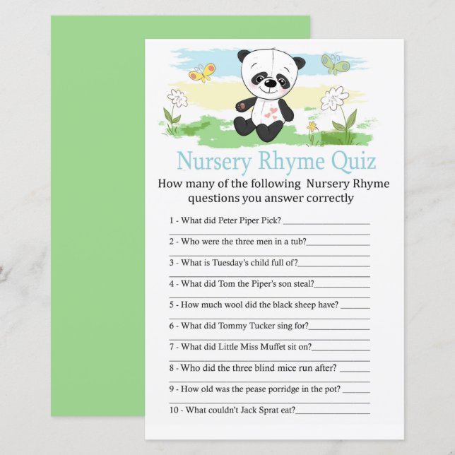 Baby panda Nursery Rhyme Quiz baby shower game (Front/Back)