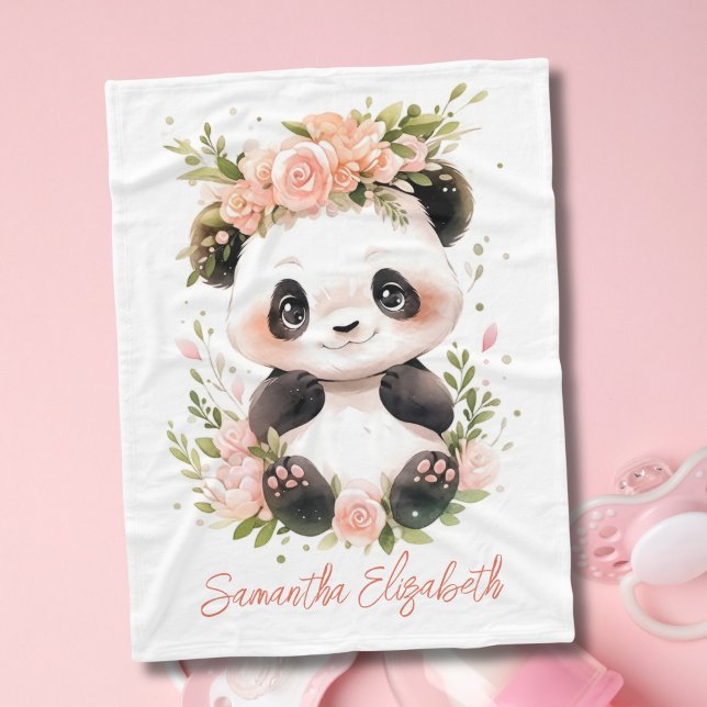 Baby Panda Pink Floral Flowers Baby Girl Gift Fleece Blanket (Baby Panda Bear with Pink Flowers Baby Blanket. Personalize it with her name. Available in 3 sizes)