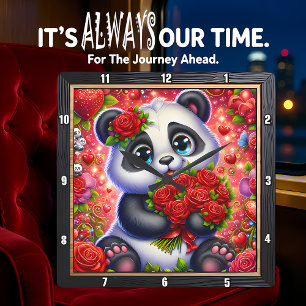 Baby Panda Red Rose Square Wall Clock