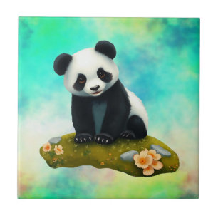 Baby Panda Smelling the Flowers Ceramic Tile