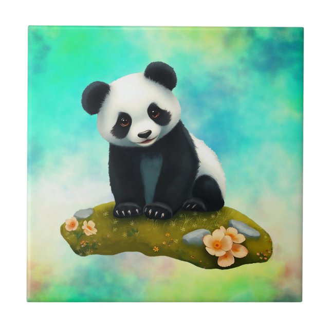 Baby Panda Smelling the Flowers  Ceramic Tile (Front)