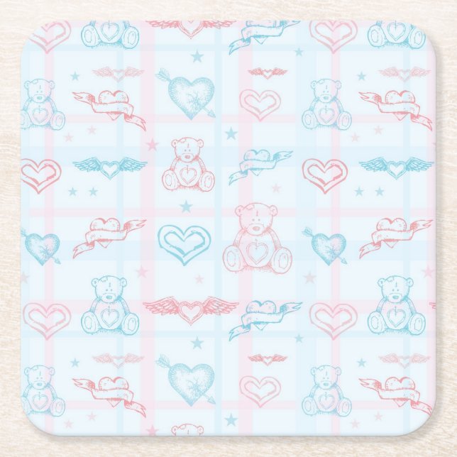 baby pattern with teddy bear square paper coaster (Front)