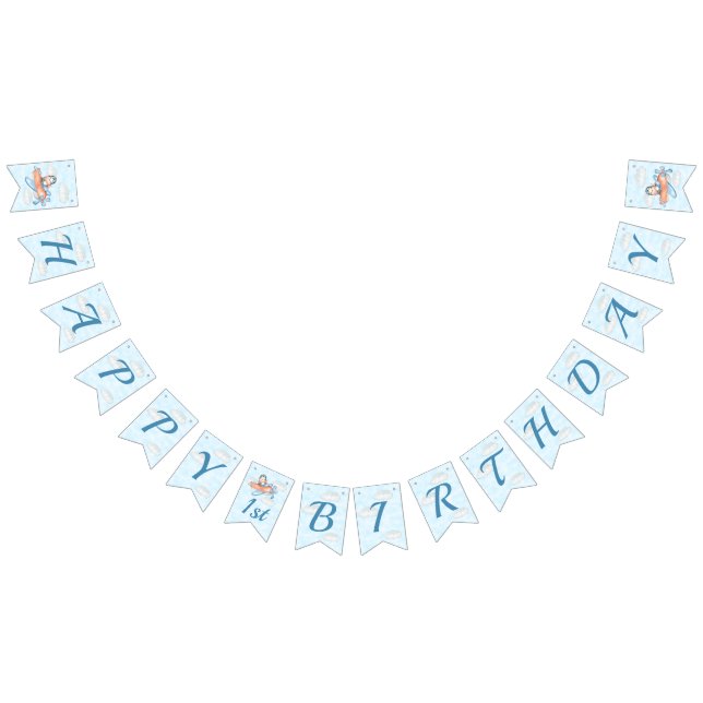 Baby Penguin Aeroplane Blue Personalised Birthday Bunting (All)