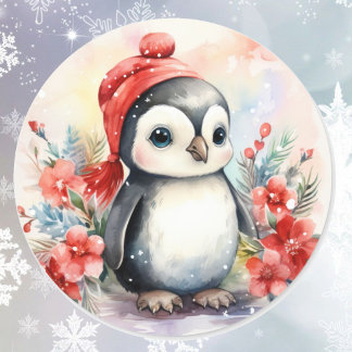 Baby Penguin at Christmas Cute Classic Round Sticker