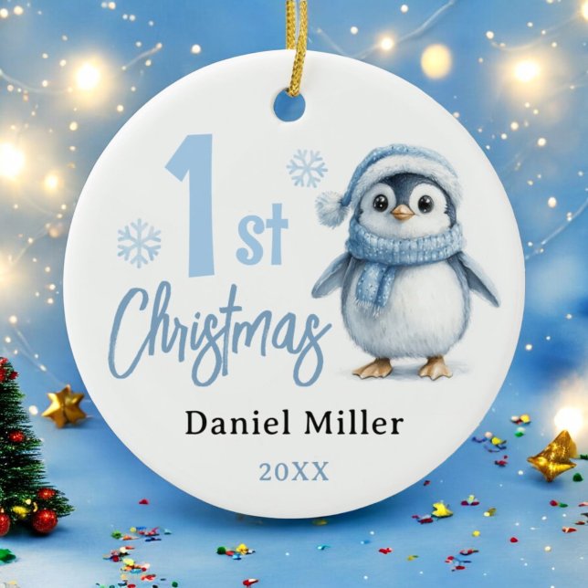Baby Penguin Boy First Christmas 2024 Ceramic Ornament (Creator Uploaded)