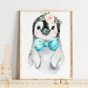 Baby Penguin Floral Bow Tie Nursery Print