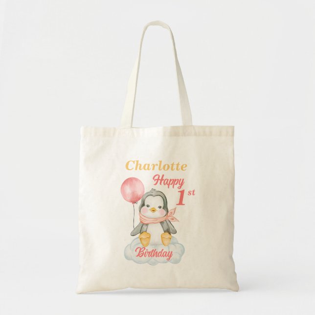 Baby Penguin Happy 1st Birthday Tote Bag (Front)