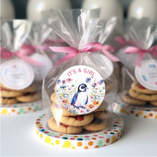 Baby Penguin in Flowers It's a Girl | Baby Shower Classic Round Sticker (Creator Uploaded)