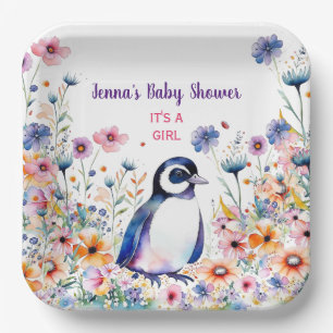 Baby Penguin in Flowers It's a Girl   Baby Shower Paper Plate