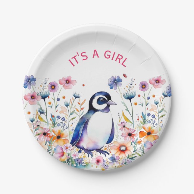 Baby Penguin in Flowers It's a Girl | Baby Shower Paper Plate (Front)