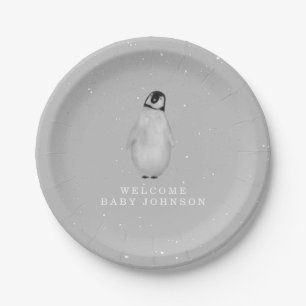 Baby Penguin Neutral Gray Winter Baby Shower Paper Plate