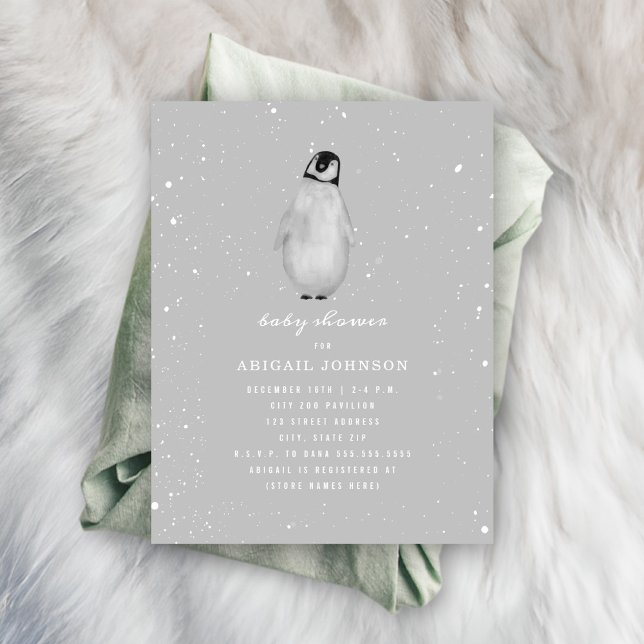 Baby Penguin Neutral Grey Baby Shower Invitation (Creator Uploaded)