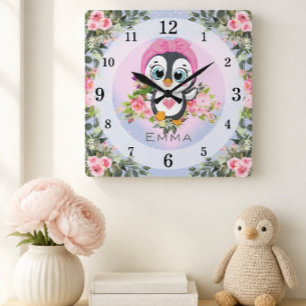 Baby Penguin   Nursery   Personalised Square Wall Clock