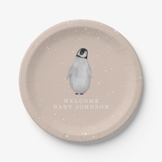 Baby Penguin Pink Girl Winter Baby Shower Paper Plate (Front)