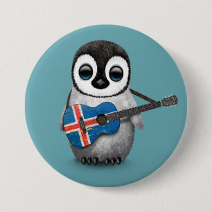 Baby Penguin Playing Icelandic Flag Guitar Blue 7.5 Cm Round Badge