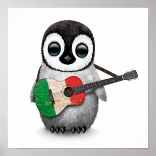 Baby Penguin Playing Italian Flag Guitar Poster