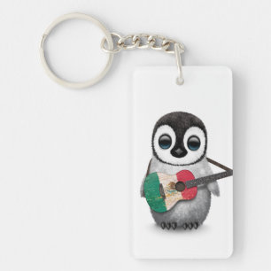 Baby Penguin Playing Mexican Flag Guitar Key Ring