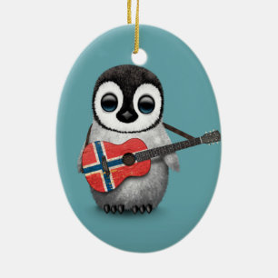 Baby Penguin Playing Norwegian Flag Guitar Blue Ceramic Ornament