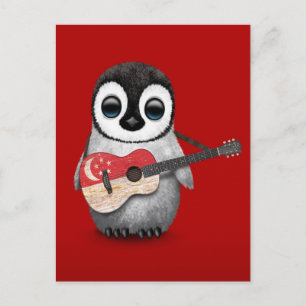 Baby Penguin Playing Singapore Flag Guitar Red Postcard