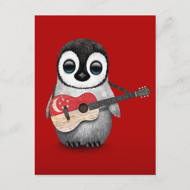 Baby Penguin Playing Singapore Flag Guitar Red Postcard (Front)